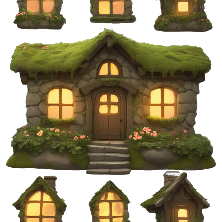 A cozy fantasy cottage made of stone and wood, covered in moss, vines, and flowers. The windows are aglow with firelight. emoji