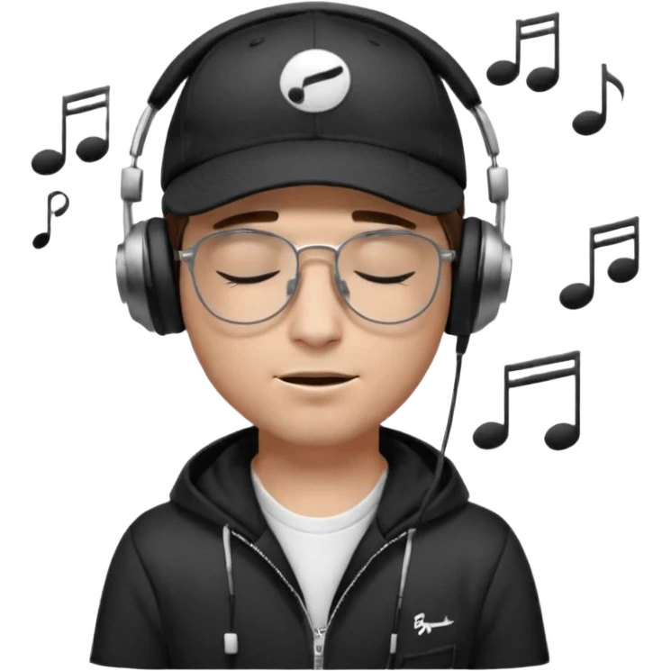 dj man white with baseball cap - rayban glasses - brown hair - closed eyes with headphones on with musical note over head (listening to music ) - eyes closed no glasses - black hat  musical notes floating around head emoji