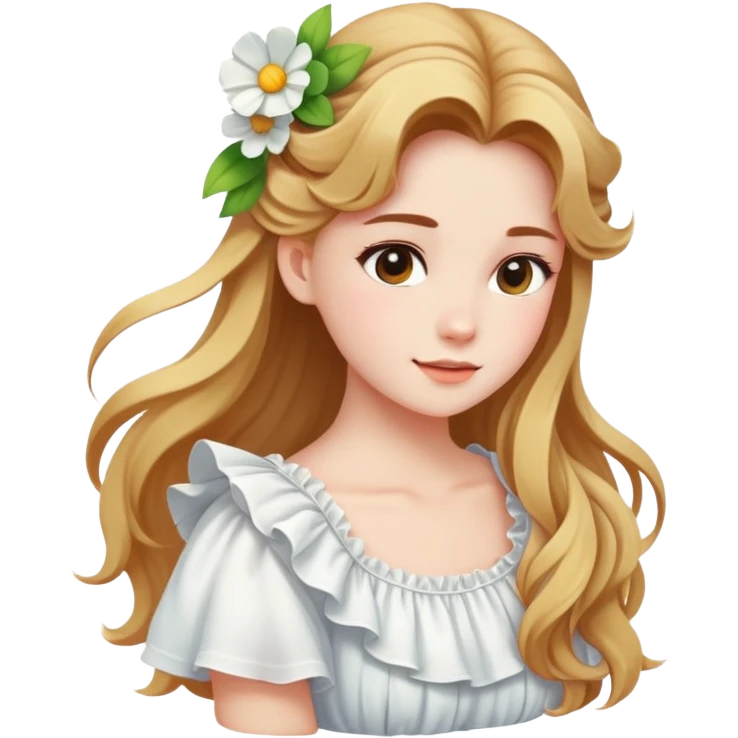  A girl with a half-up half-down hairstyle, and a white ruffled top, enjoying the spring breeze. emoji