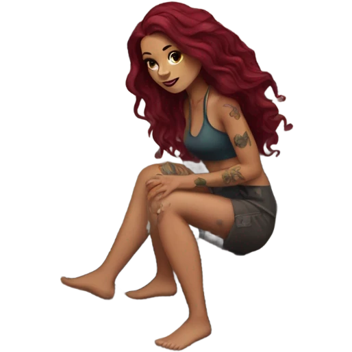 Beautiful tattooed woman long burgundy hair climbing rocks emoji