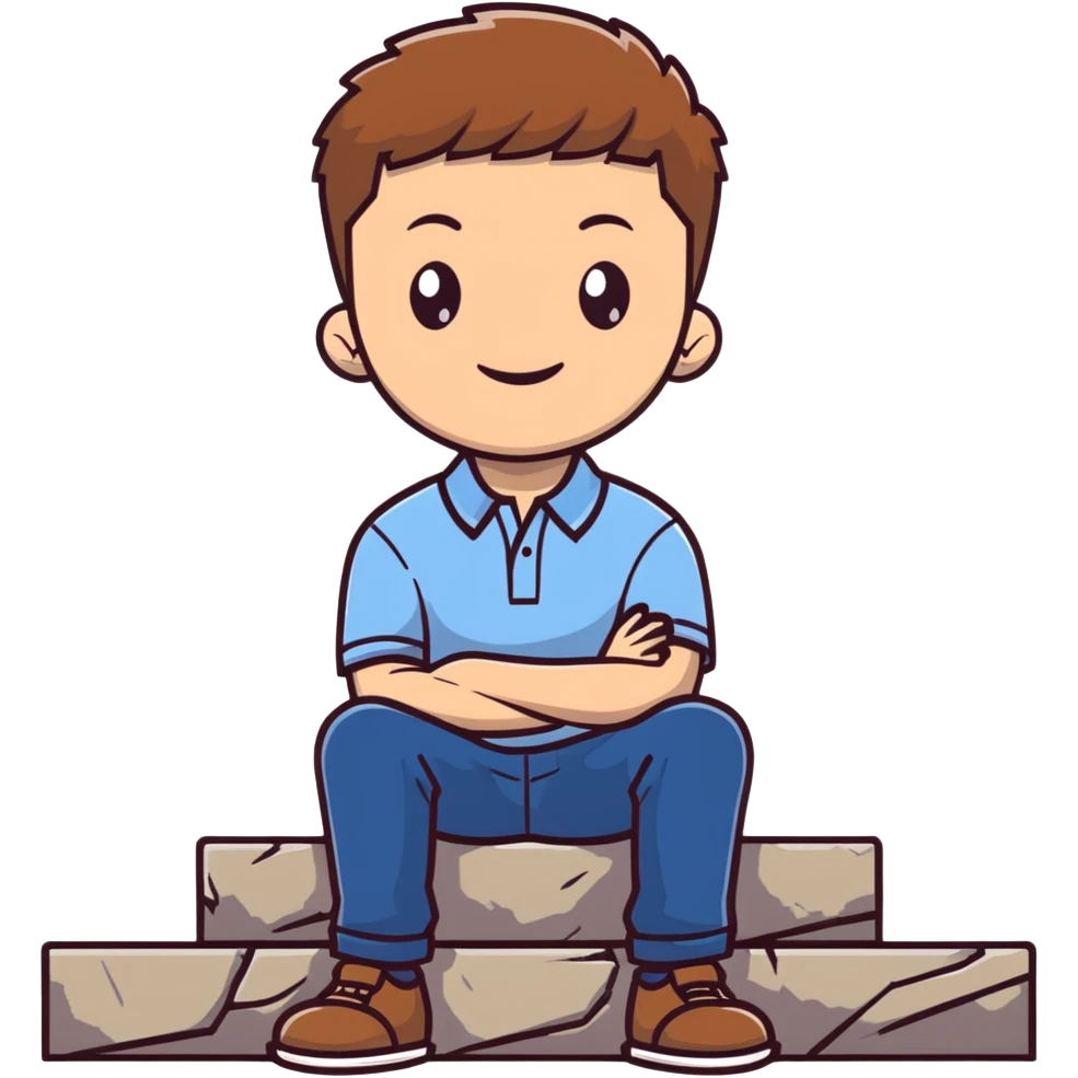Young man with light skin and short brown hair sitting on stone steps, wearing white polo shirt with blue details and jeans emoji