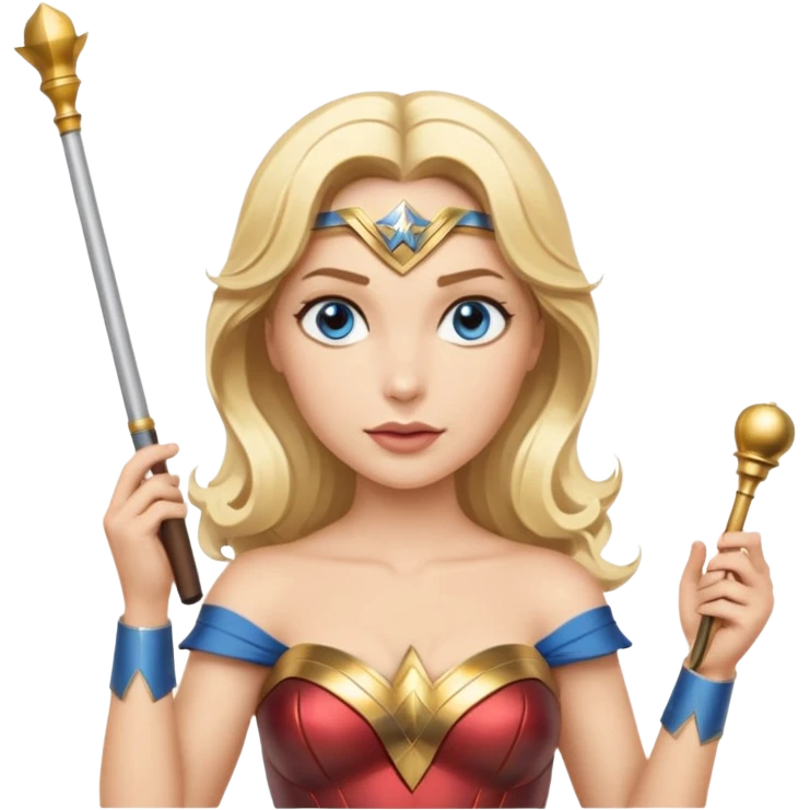 Blonde blue eyed Wonder Woman holding white orchestra conductor’s baton and bell emoji