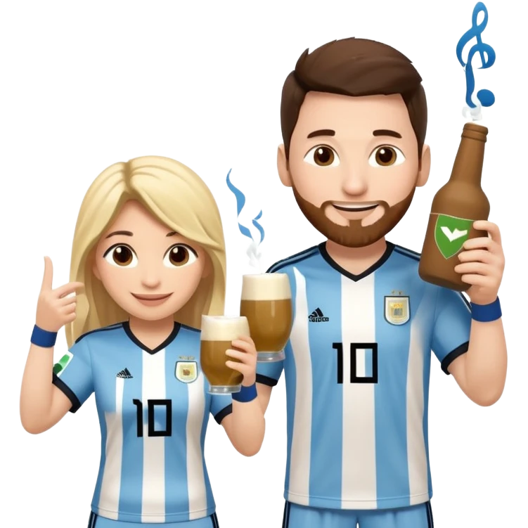 Messi in Argentina jersey and Shakira in a stage outfit, toasting with yerba mate, both smiling, cute and fun emoji style, with musical notes emoji