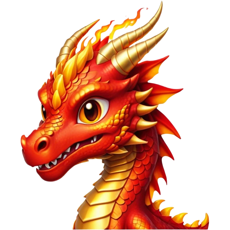 Cinematic Cute Fierce Fire Dragon Portrait Emoji, Head tilted playfully and inquisitively, showcasing a robust, flame-embellished form with intricately detailed scales in vibrant reds and glistening golds, accented by flickering ember highlights and a warm, inviting glow; rendered with lifelike detail and radiant natural light, high shine, spirited yet endearing, styled with a touch of blazing whimsy, soft glowing outline, capturing the essence of a mischievous yet charming inferno that seems ready to dance with playful fire! emoji