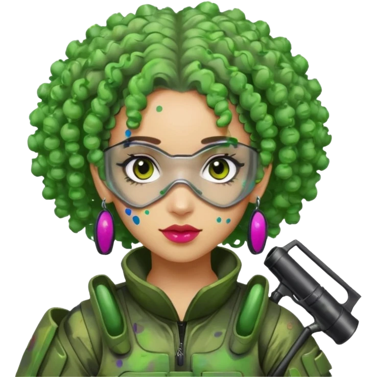 green curly haired painitball player with big earrings guy shot with lots of colors emoji
