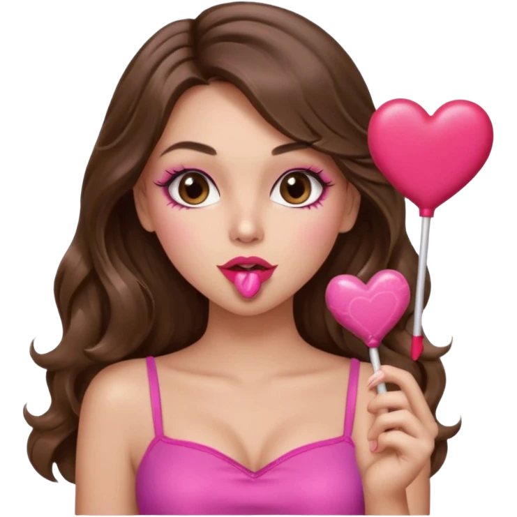 girl with long wavy brown hair, brown eyes, long lashes makeup, sexy pink lips, light to medium complexion, wearing a pink sexy top, blowing a kiss, heart lillipop emoji