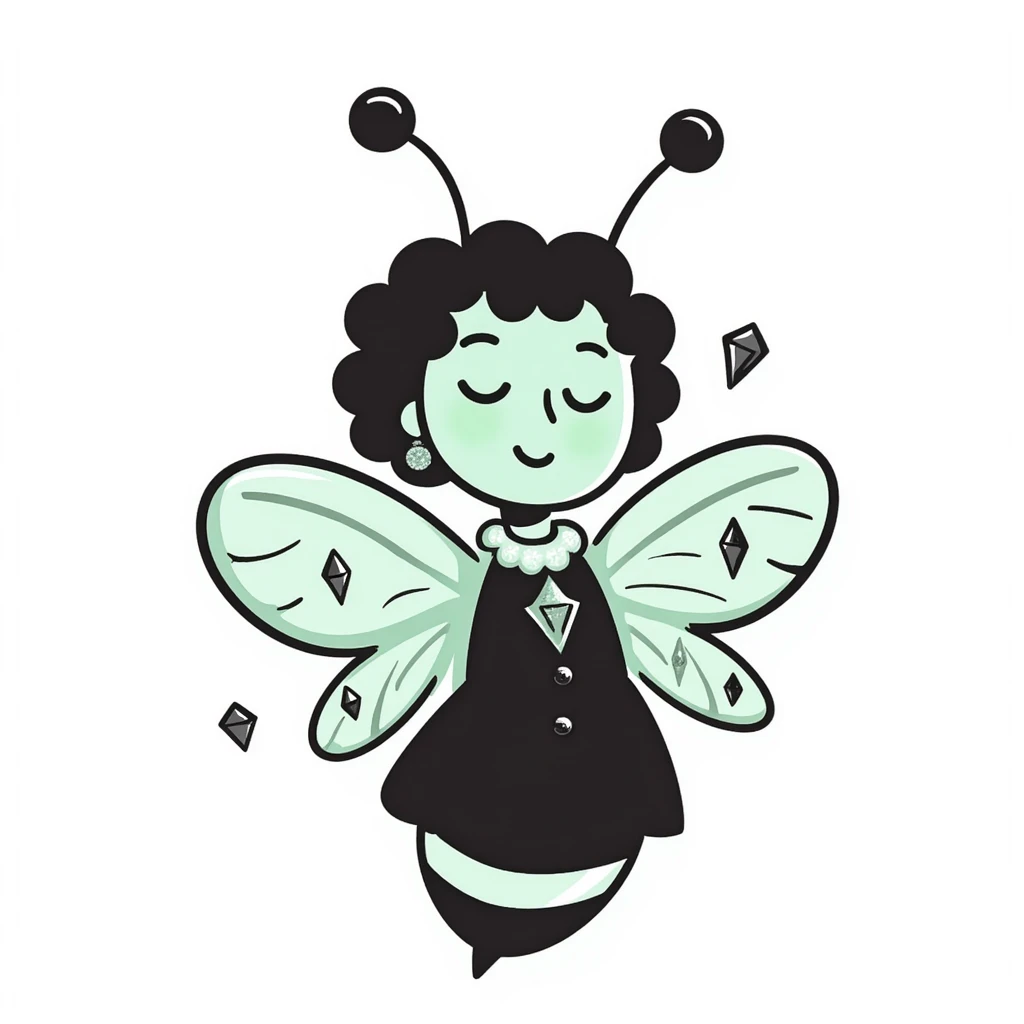 Mint green woman bee character with diamond decorations, rhinestone jewelry, and glittery sparkly details emoji