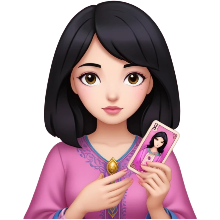 black hair girl with pink pink tarot cards emoji