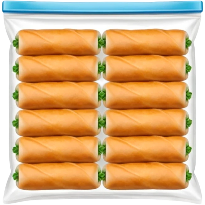 Thai spring rolls in a zipper bag, ready for the freezer
- the spring rolls should not be too orange, their colour should be like dough
- arrange them in two rows of five spring rolls inside the zipper bag emoji