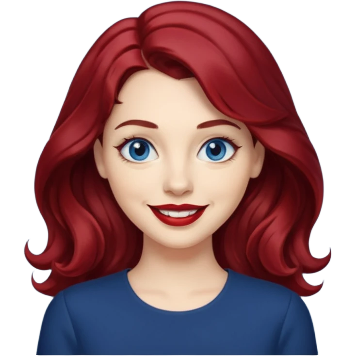Create a custom emoji-style character inspired by a smiling woman with medium length, wavy dark red hair, light skin tone, and dark blue eyes. Emphasize a mischievous expression with a bright smile. emoji