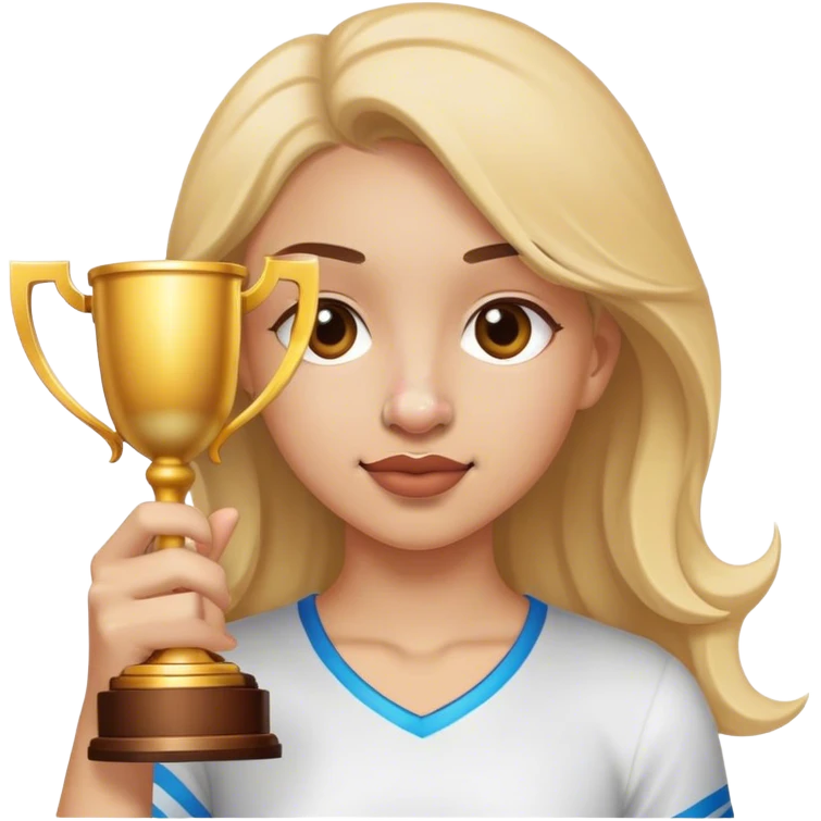 Girl holding trophy of nose emoji