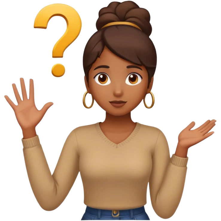 A brown girl with her arms out and question mark  emoji