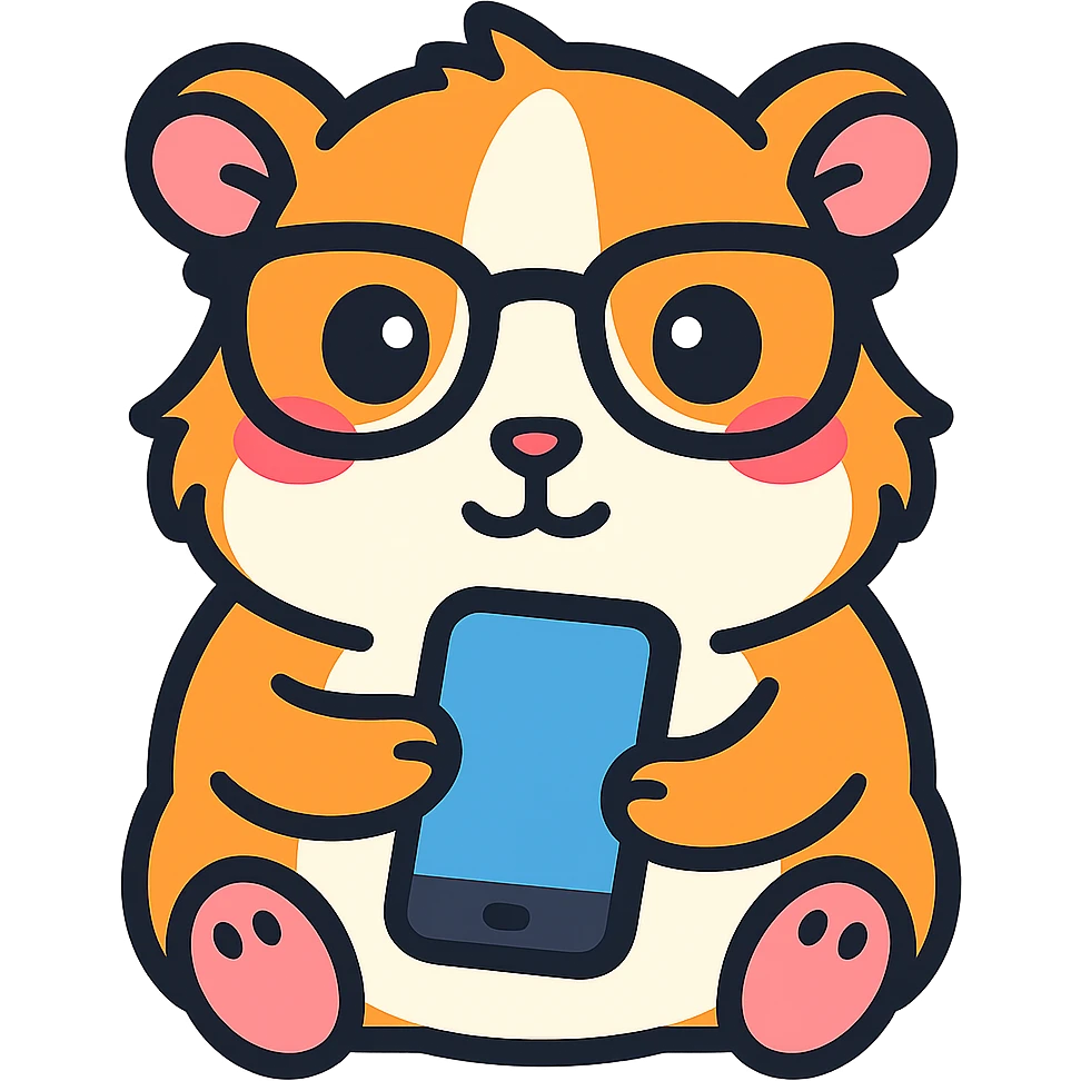 Make the guinea pig match the original reference: same face and glasses style, but holding a phone for a phone app, in a cute, outlined, colorful style. emoji