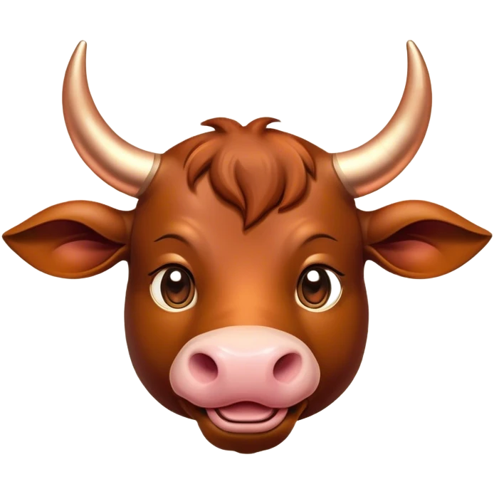 Cinematic Cute Domestic Bull Portrait Emoji, Head tilted playfully and inquisitively, with a sturdy, compact build and a smooth, polished coat of rich copper and brown hues accentuated by gently curved horns, round, sparkling eyes full of curious determination, Simplified yet irresistibly adorable features, highly detailed, glowing with a warm, friendly glow, high shine, affectionate and spirited, stylized with a touch of rustic charm, soft glowing outline, capturing the essence of a mischievous yet loving domestic bull that feels like it could trot out of the screen and into your arms! emoji
