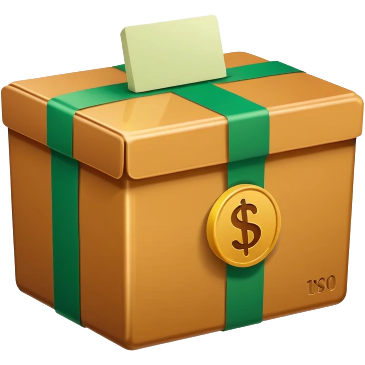 Closed box facing forwards with semi rounded edges Light honey‑brown tape strip with a glossy highlight green bill with a bold white dollar sign, anchored at the bottom left of the box create depth with slight shadows Plain white background for that crisp, emoji‑ready finish emoji