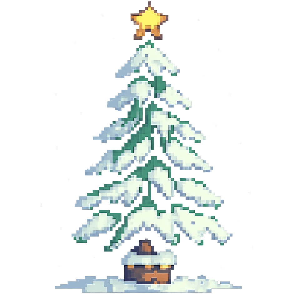Christmas tree with snow in the style of pixel art emoji