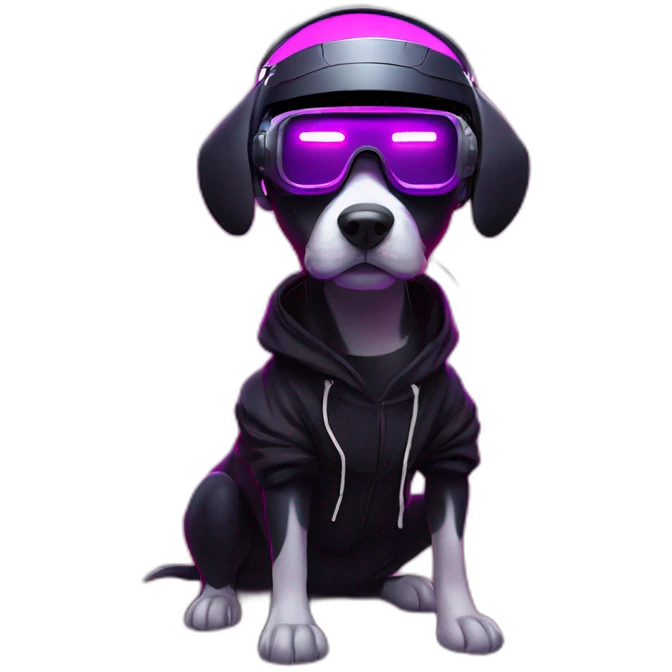 funny dog wearing a black hoodie with "OMG" letters on it and VR headset in a cyberpunk VR environment with violet neon lighting. emoji