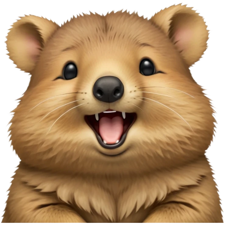 cinematic-realistic  yawning quokka-emoji,-small-round-frame, head tilted in an endearing manner, wouth wide open yawning, sleepy comical smile, round cheeks, giant-fluffy-cheeks-large-smile-fluffy-brown-fur-radiating-a-warm-softness,-big-round-eyes-filled-with-joy, realistic round  fluffy zoomed in, large black eyes one paw raised in the air emoji