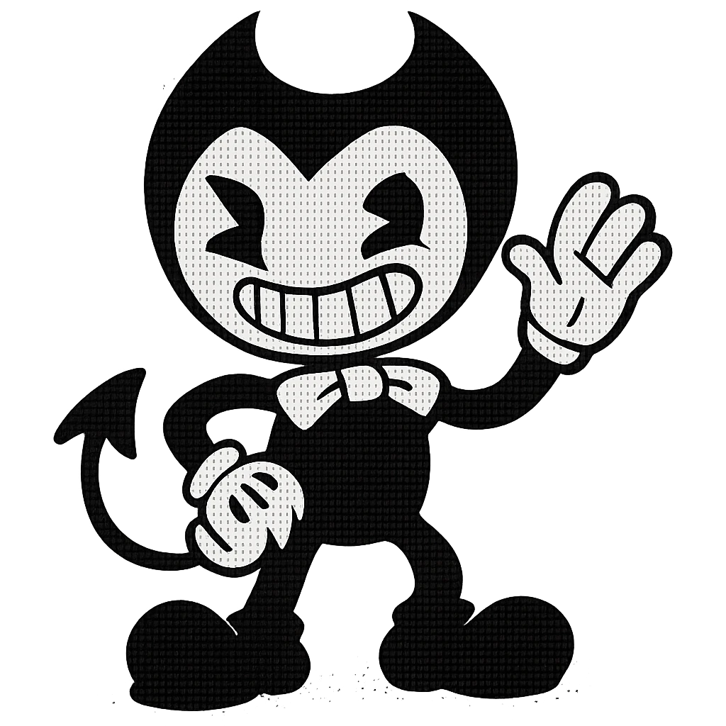 Bendy cartoon demon character, classic rubber hose animation style, mischievous expression, black and white color scheme emoji