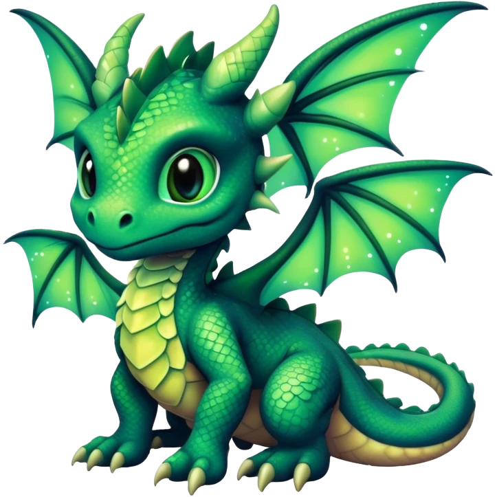 Airbrush painted image of a forest dragon hatchling under a deep galactic sky with luminescent wings spread against the stars emoji