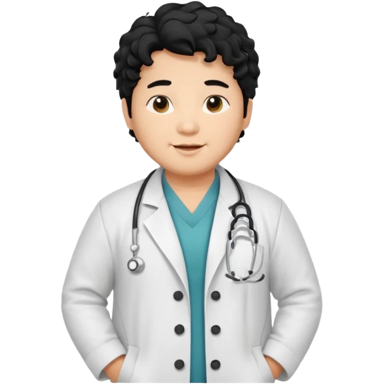 a young asian chubby male doctor with very black long curly hair and cheerful face without gpasses emoji