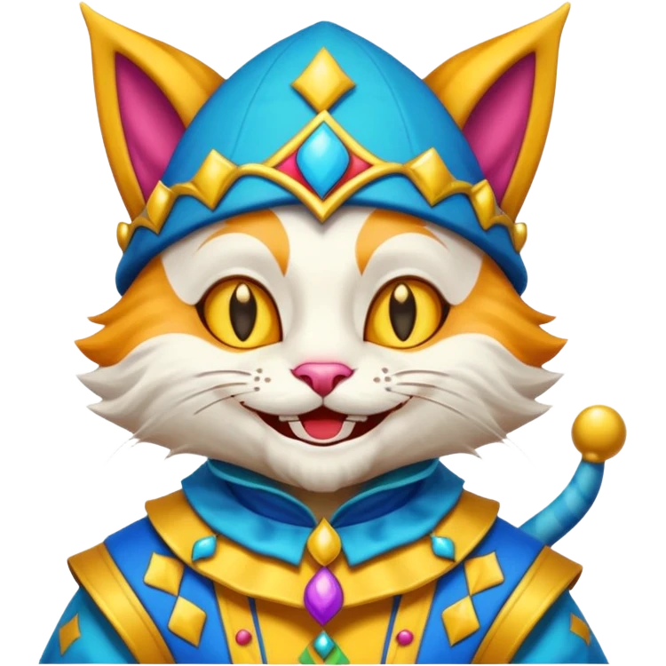 crazy colorful cute little cat jolly joker from poker, medieval, vintage, court jester, mac os icon, blue color emoji