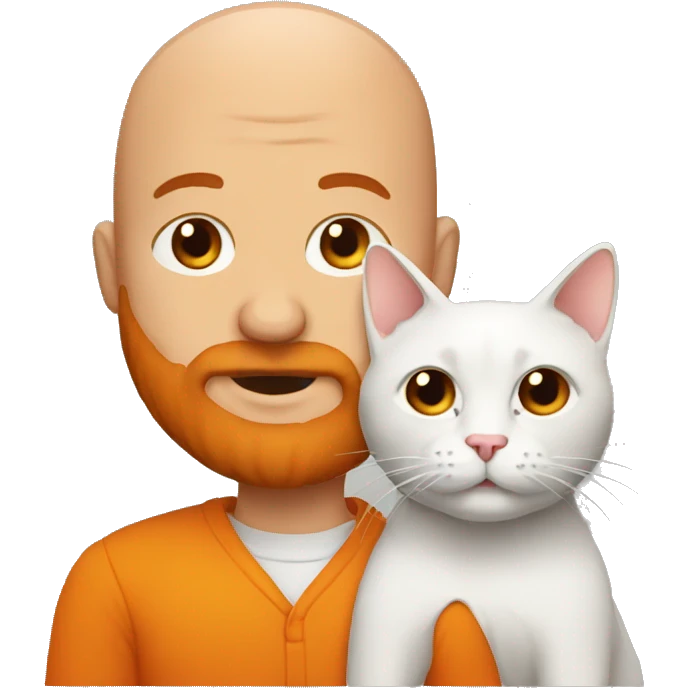 A bald man with a big orange beard holding a cat emoji