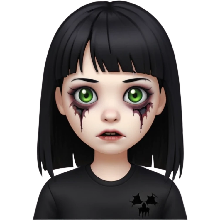 uma garota gotica zumbi no formato Memoji da apple com o cabelo cumprido, preto liso e com franja, blusa preta, olhos pretos  emoji