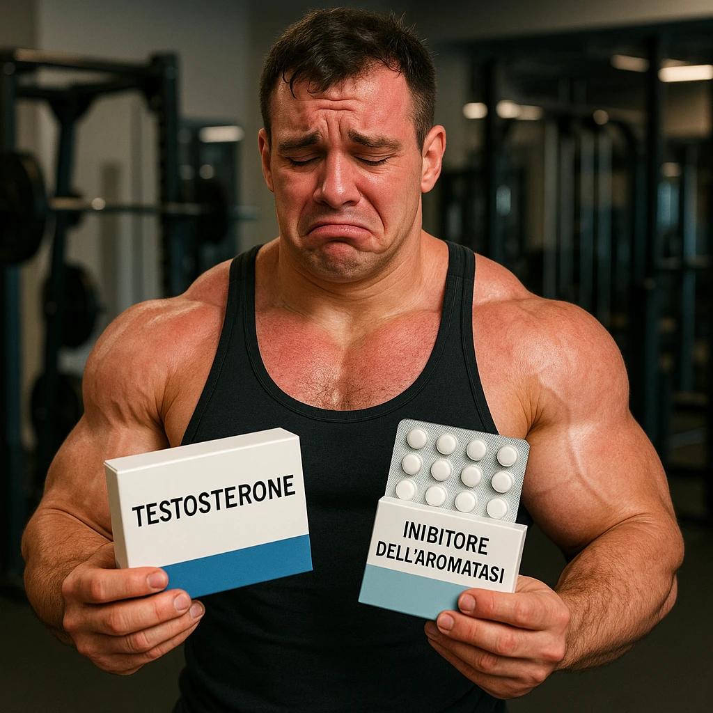 beginner bodybuilder with swollen muscles holding a box labeled 'Testosterone' and a package labeled 'Inibitore dell'aromatasi', regretful expression, red skin, all text in Italian, gym background, 4K quality emoji