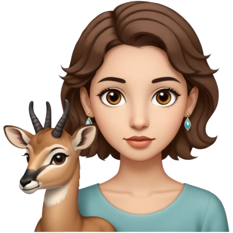A girl with short wavy brown hair reaching her shoulders, straight eyebrows, big brown eyes, slightly kohled with long eyelashes, a normal nose, a normal mouth, and I want her holding a small gazelle and wearing delicate earrings.  emoji