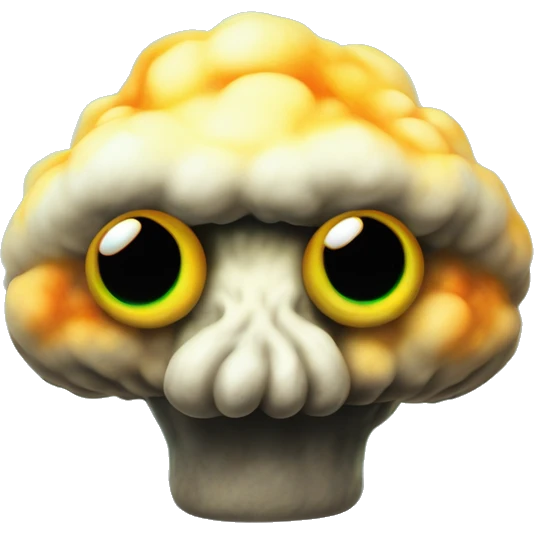 nuclear glow in the dark plushie mushroom cloud in Uncle Scrooge style, oil paint, mysterious eyes, intricate lips, masterpiece pose, odd perspective, beautiful, desirable, logical emoji