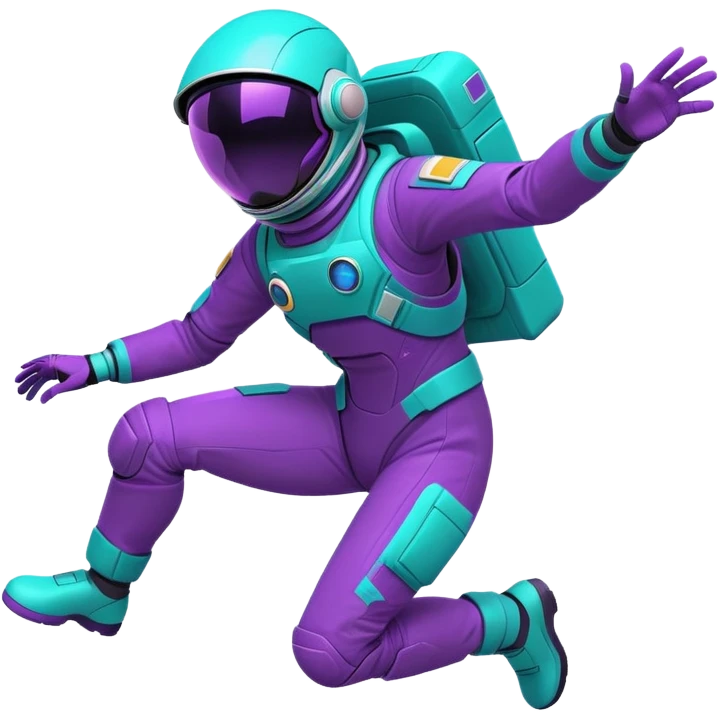 Stylized futuristic astronaut in mid-flight pose, sleek purple and neon teal suit, flat vector design, heroic silhouette, dynamic diagonal motion lines emoji