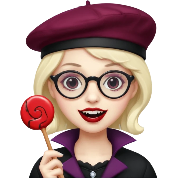 Vampire with lollipop, beret and glasses, teeth looks like vampire emoji