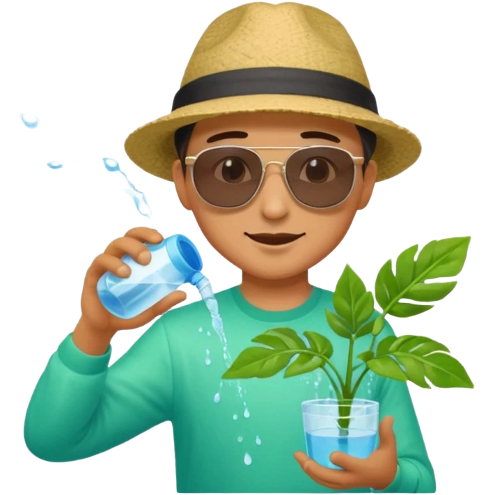 Realistic illustration of a man pouring water onto a green plant, standing outdoors in daylight, with a watering can in hand, gentle and caring expression, vibrant garden background, soft natural lighting, highly detailed, professional composition." emoji