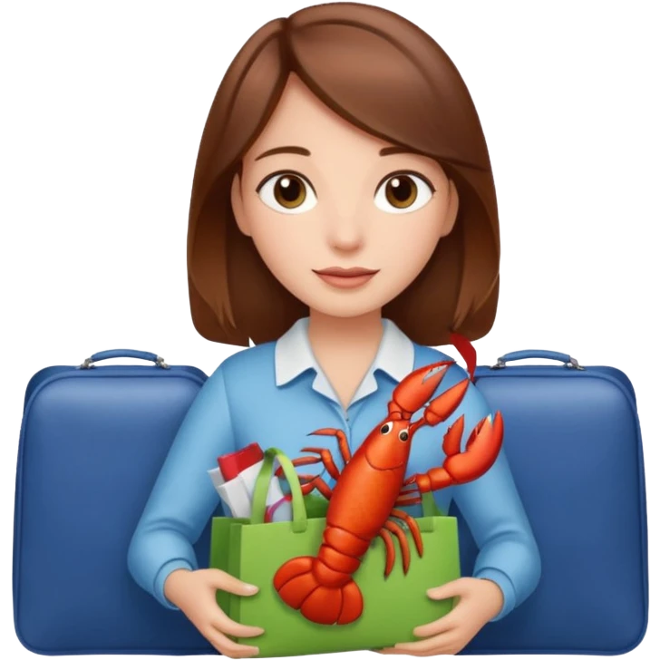 Cute girl brown hair on plane holding gift bag with lobster inside emoji