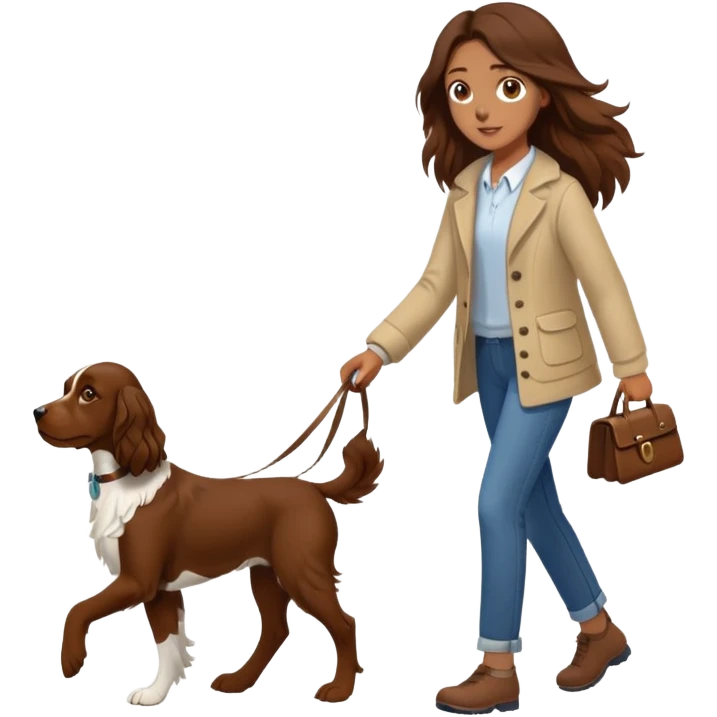 A girl with long brown hair walks a brown springer spaniel emoji