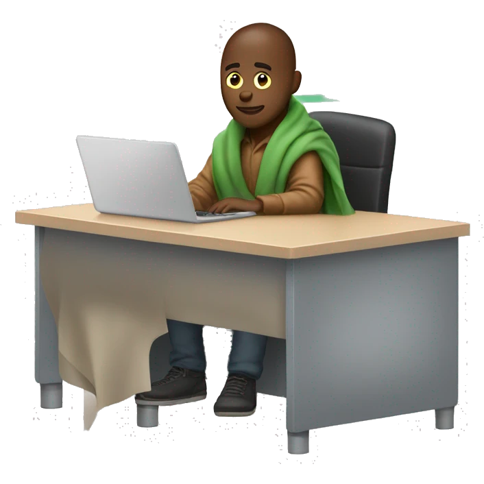 white male sitting at a school desk with a big blanket wrapped around shoulders working on chromebook emoji