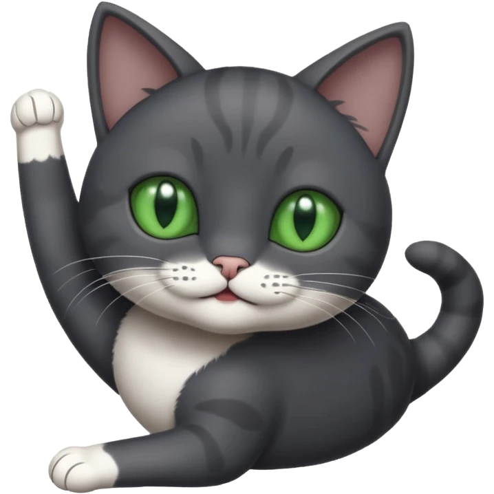 solid dark grey cat with green eyes, white toes/paws playfully rolling upside down emoji