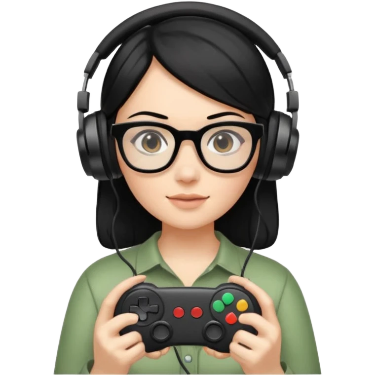 
gamer, woman shiny black hair no eyebrows with glasses, headphone, gamepad emoji