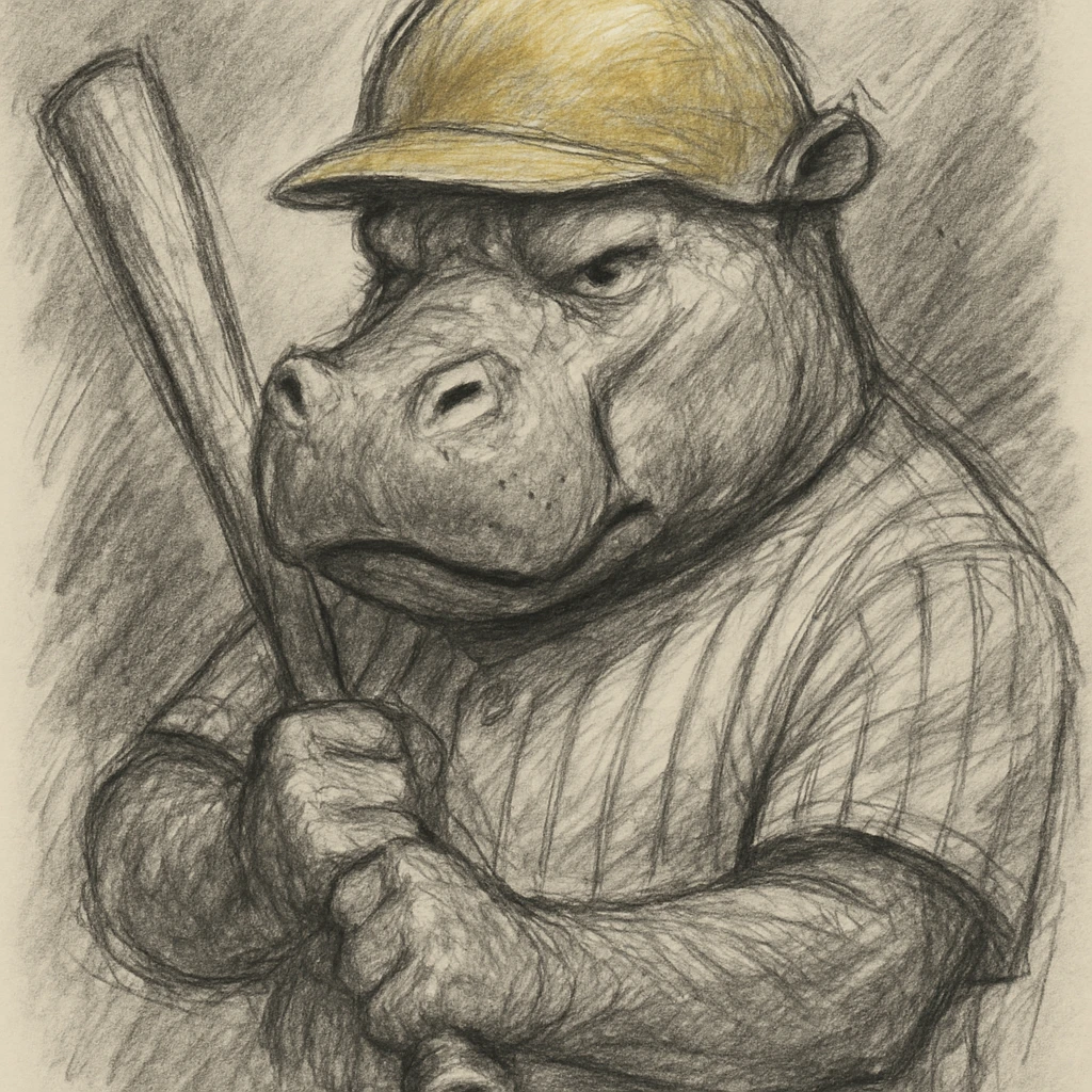 hippo holding a baseball bat, wearing a yellow helmet, pinstripes outfit emoji