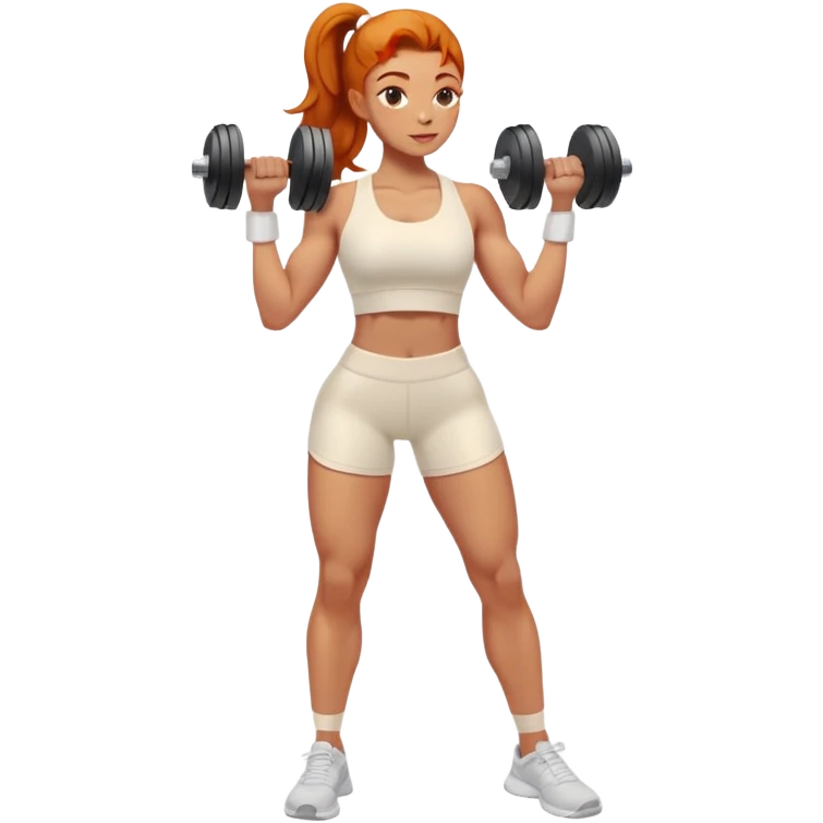 Ginger gym girl standing sideways with dumbbells and cream athleisure clothes emoji