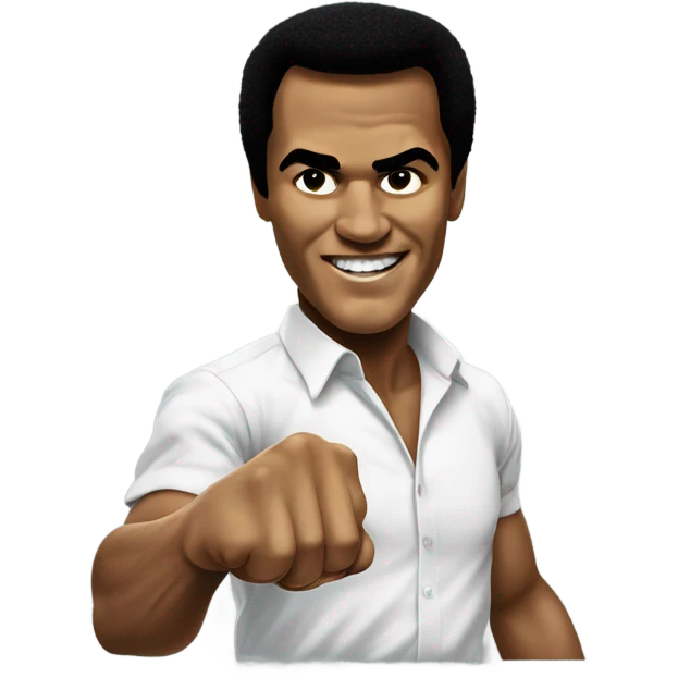 Smiling mohammed Ali pose, left hand punch to the viewer emoji