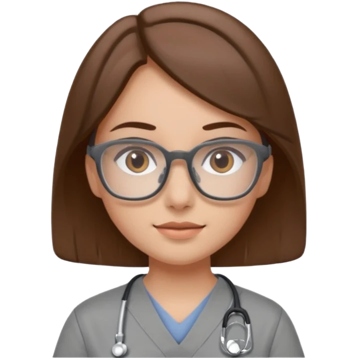 brown haired girl with grey scrubes and brown glasses squre emoji