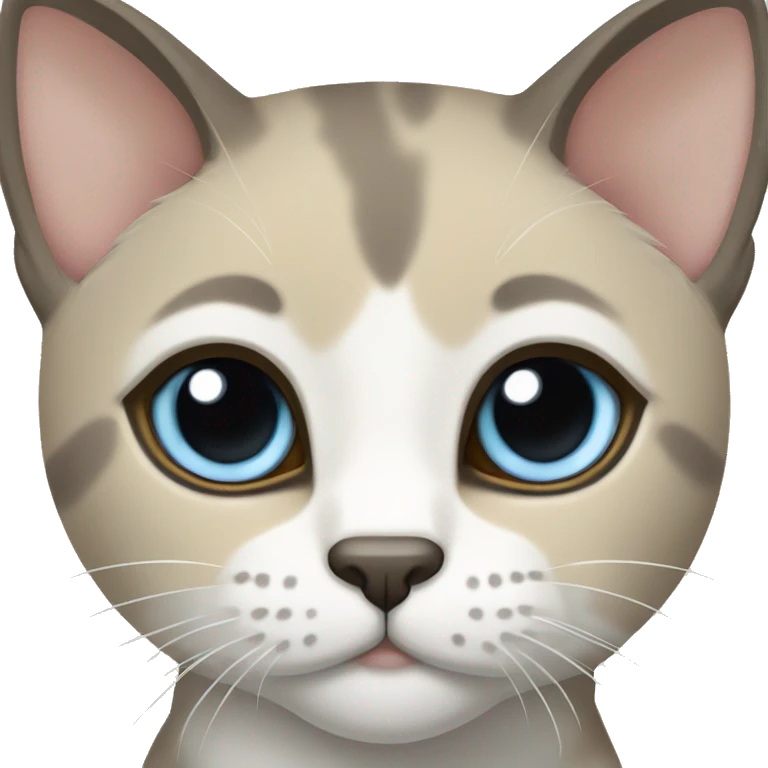 Thai breed adult cat with a light cream-brown body, dark gray nose and face, ears, and paws. sharp ears, and striking light blue eyes  emoji
