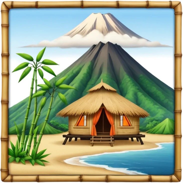 bamboo hut with volcano in the back in Volcano Island  emoji