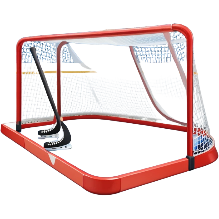 An icon showing a hockey stick, puck, skates, and goalposts on the ice. The background features a large hockey stadium with cheering fans, bright lights, and a snowy landscape visible through the arena. Transparent background highlights the main hockey equipment and atmosphere. emoji