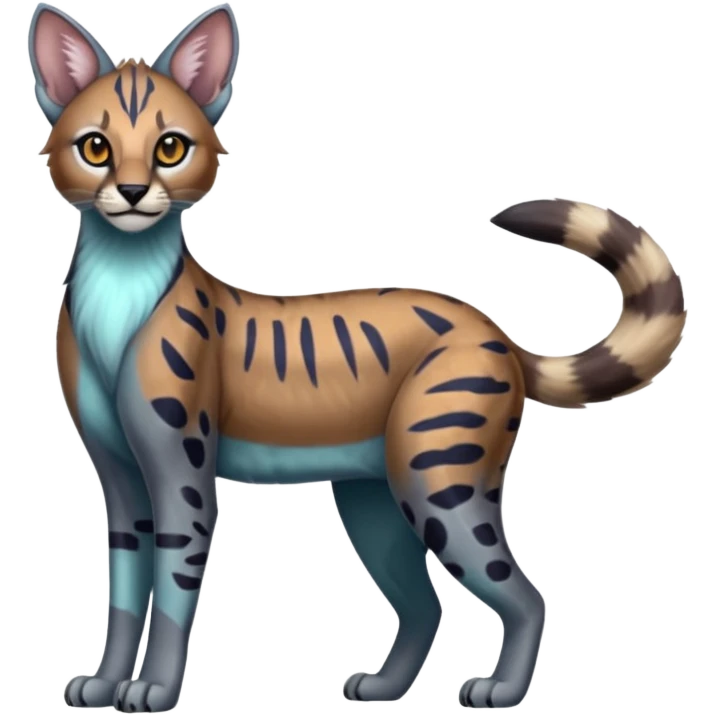 Realistic patterned marked edgy bluish greyish blackish whitish silvery coppery Shiny Colorful Glossy Genet-Caracal-Lion-Bobcat-fusion-animal-hybrid-creature, full body, tufted ears, long thin tufted tail emoji
