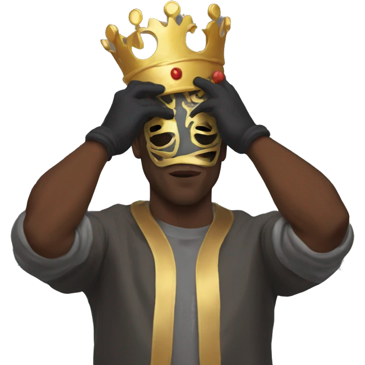man with a mask on holding his hand up and his facedown like a king baldwin meme emoji