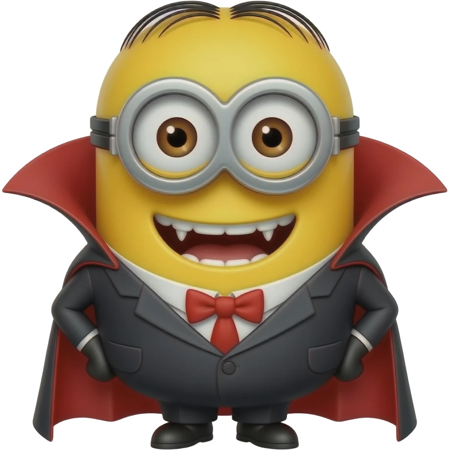 Felonious Gru from Despicable Me dressed as a friendly, heroic vampire emoji