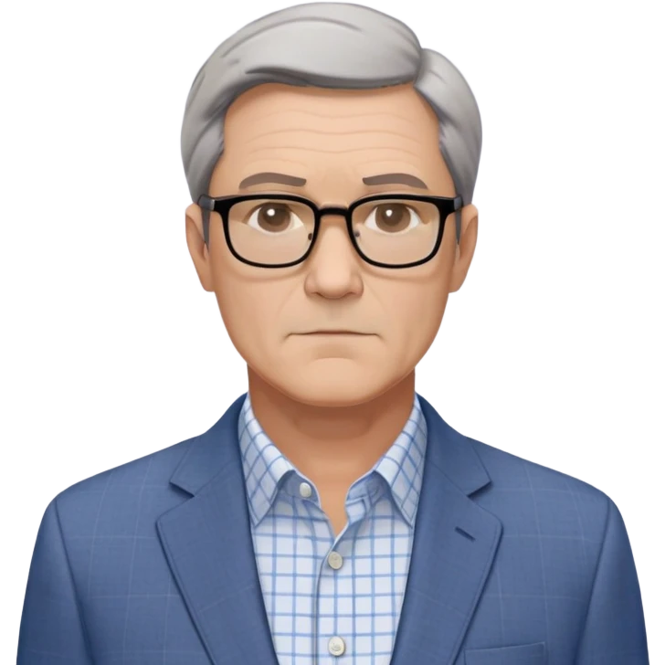 Middle-aged man around 50, square face with slight wrinkles, large dark square-framed glasses, short straight hair with subtle graying and side part. Composed serious expression. Wearing a light gray blazer over a white button-up shirt with blue checkered pattern. emoji
